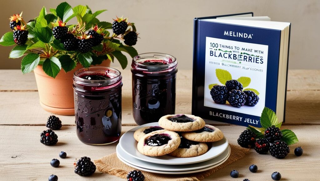 A blackberry plant, 2 jars of blackberry jelly, a plate of blackberry jelly cookies, and a cookbook